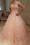 Gorgeous Ball Gown Round Neck Sweetheart Open Back Peach Lace Long Prom Dresses uk PW134