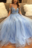 Stylish A-Line V-Neck Off-the-Shoulder Blue Tulle Long Evening Dresses UK with Beading PH297