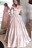 Pearl Pink A Line Off the Shoulder Sweetheart Pockets Long Prom Dress