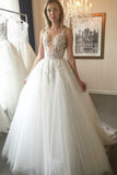 Elegant Ball Gown Round Neck Ivory Open Back Wedding Dress with Appliques,Bridal Dresses PH449