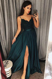 Dark Green Spaghetti Straps Split Front Lace Long Sleeveless Prom Dresses PH570