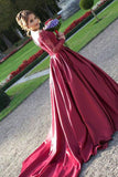 Long Sleeves Off the Shoulder Burgundy Sweetheart Satin Lace Ball Gown Prom Dresses PH435