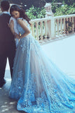 A-Line Square Chapel Train Sleeveless Blue Tulle Wedding Dress with Appliques Sash PM336