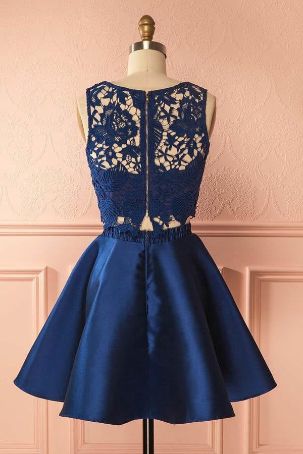 Two Piece Dark Blue Satin Cute Short A-Line Homecoming Dress with Lace Appliques PM130