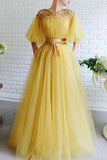 Elegant A Line Beading Tulle Yellow Prom Dress with Belt P1540