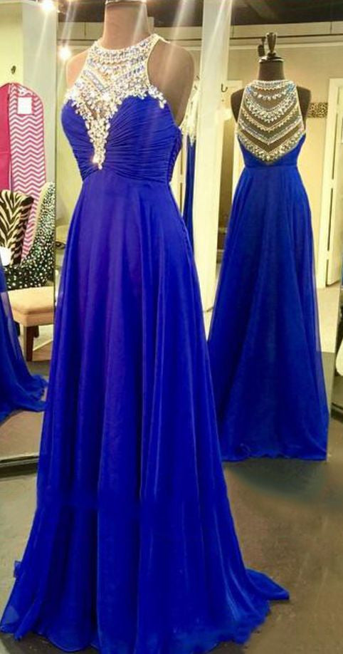 Royal Blue Sparkle Beads Halter Pretty Illusion High Neck Chiffon Prom Dresses uk PM146