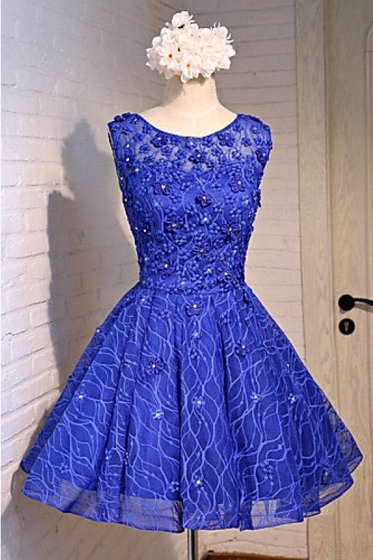 Blue Knee Length Homecoming Dresses with Beads Straps Short Prom Dresses PW803