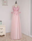 A Line Scoop Half Sleeve Lace/Applique Floor-length Prom Dresses Evening Dresses PM568