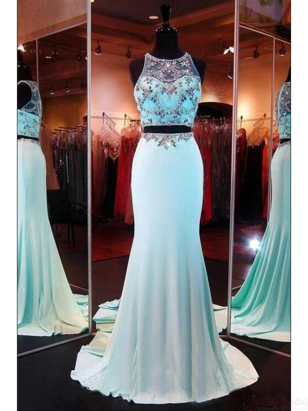 Two Pieces Beading Bodice Long Satin Prom Dresses Evening Dresses PM563