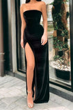 Velvet Party Dresses Ball Gown Black Strapless Mermaid Prom Dresses With Split PD0397