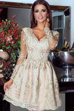 Cute A-Line V Neck Short Tulle Lace Appliques Long Sleeves Homecoming Dresses PH718