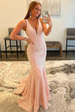 Mermaid Deep V Neck Purple Sequins Long Prom Dress N122