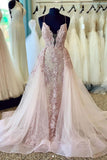 Spaghetti Straps Beads Appliques Deep V Neck Pink Prom Dresses with Detachable Train P1204
