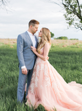 Modest A Line Deep V-Neck Sleeveless Pink Long Prom Dresses