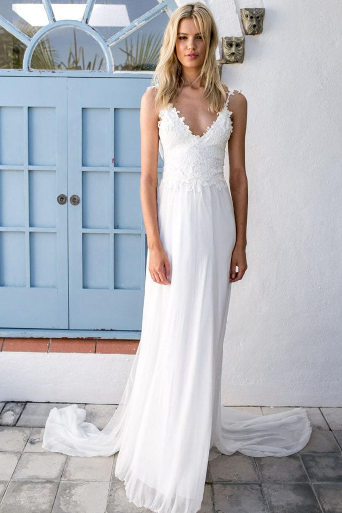 Boho V-neck A-Line White Lace Chiffon Summer Beach Wedding Dress ...