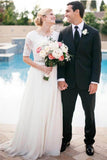 Lace A-Line Beading Ivory Scoop Chiffon Half Sleeve Floor-Length Wedding Dresses uk PH312