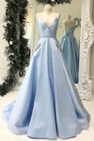 Simple V Neck Sky Blue Satin Long Prom Dresses with Pockets Beading, Formal Dresses P1373
