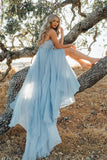 A Line Sky Blue Rustic Chiffon Deep V Neck Slit Summer Beach Wedding Dresses uk PH863