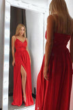 Sexy Red V-Neck Spaghetti Straps Satin Lace Bodice Floor Length Split Prom Dresses uk PH768