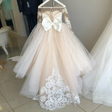 A Line Round Neck Tulle Long Sleeves Appliques Flower Girl Dresses with Bowknot PH797