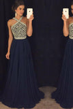 Elegant A Line Halter Dark Blue Beaded Long Chiffon Backless Long Prom Dresses uk PH810