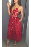 Mid-calf Red Lace Spaghetti Straps with Pockets Sweetheart Homecoming Dresses UK PH642