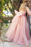 Cute Pink Tulle Flower Girl Dresses with Sash Floor Length, Round Neck Child Dresses FG1023