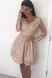 A Line V neck Lace Short Prom Dress, Long Sleeve Satin Appliques Homecoming Dresses PH693