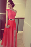 A Line Red One Shoulder Chiffon Lace Long Side Slit Gold Belt Prom Dresses uk PW68