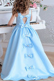 Princess A Line Sky Blue Satin Flower Girl Dress with Bowknot Baby Dress FG1035