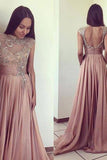 Pink A-Line Chiffon Beads Cheap Open Back Sleeveless Long Prom Dresses