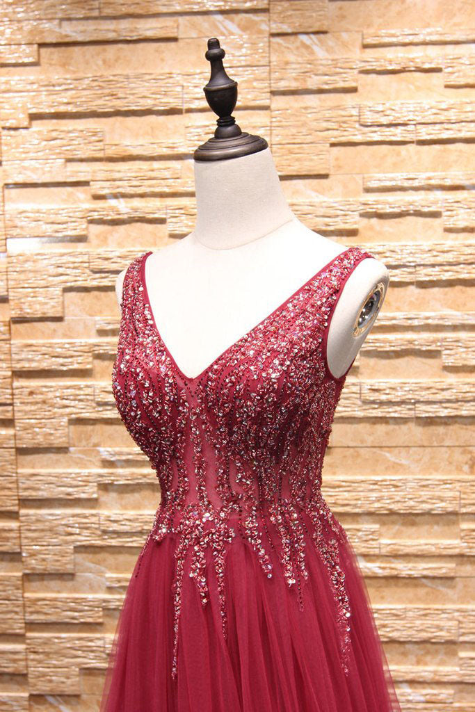 Simple A-Line Burgundy V-Neck Beads Tulle Long Sleeveless Slit Backless Prom Dresses uk PH241