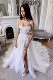 A-line Straps Tulle Lace Appliques Wedding Dresses N074