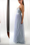 Light Grey Backless Spaghetti Straps Lace Tulle Long A Line V-Neck Prom Dresses PM529