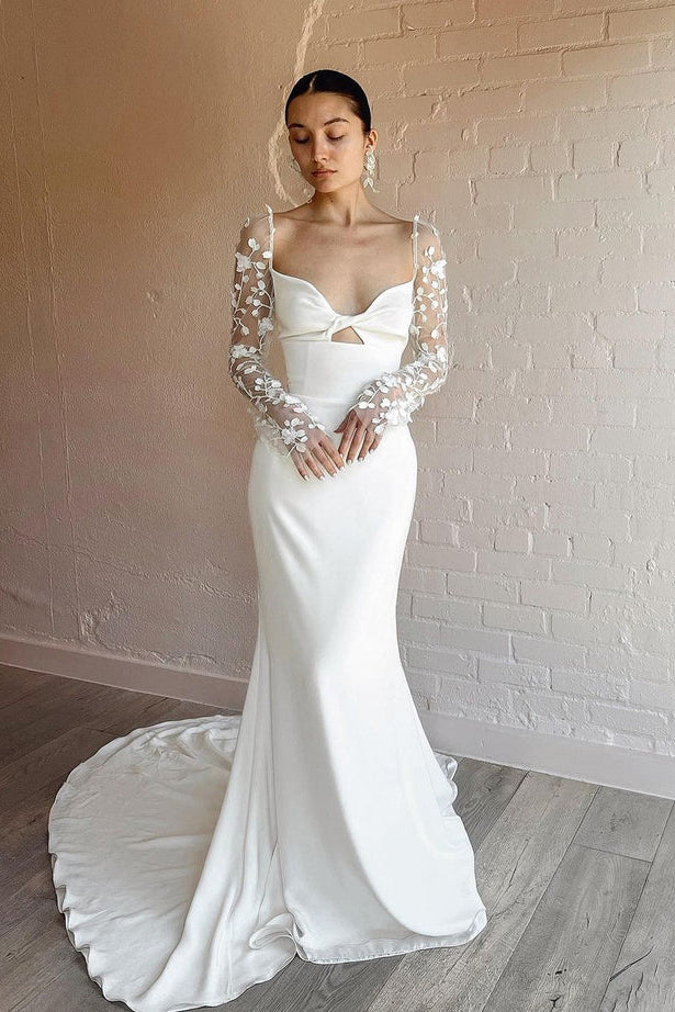 Unique Mermaid Sweetheart Long Lace Sleeves Wedding Dresses N072