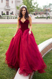Strapless A-line Long V-Neck Tulle Burgundy Sleeveless Floor-Length Prom Dresses uk PH269
