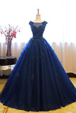 Dark Blue Tulle Lace Beads Ball Gown Open Back Sweet 16 Dress, Quinceanera Dresses uk PH808