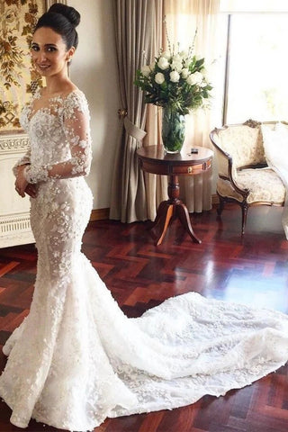 Charming Mermaid Long Sleeves Wedding Dress with Lace Appliques, Wedding Gowns W1157