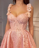A Line Pink Sweetheart Lace Prom Dress with Lace Appliques Long Dance Dress P1551