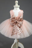 Pink Round Neck Lace V-Back Flower Girl Dress with Bowknot FG1031