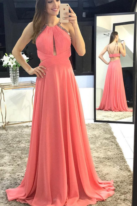 Charming Scoop A-Line Long Watermelon Chiffon Backless Sleeveless Prom Dresses uk PH318