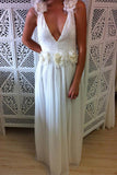 A-Line V-Neck Floor Length Backless Chiffon Tulle Wedding Dress with Handmade Flower PM640