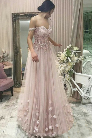A-Line Off the Shoulder Pearl Pink Sweetheart Tulle Prom Dresses uk with Appliques Beads PH821