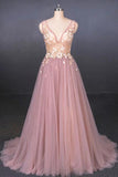 Elegant Pink V Neck Sleeveless Tulle Prom Dress with Appliques, A Line Tulle Evening Dresses P1252