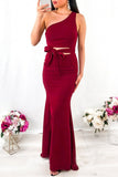 Simple Mermaid One Shoulder Floor Length Satin Red Prom Dresses, Long Party Dresses P1557