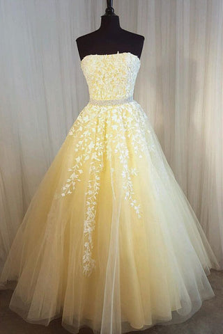 A Line Yellow Strapless Tulle Lace Appliques Prom Dresses, Party Dresses P1475
