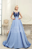 Scoop Blue A-Line Appliques Satin Backless Sleeveless Quinceanera Dress,Prom Dresses UK PH456