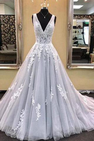 Gray V-Neck Tulle Lace Appliques Sleeveless A-Line Lace-up Long Prom Dresses uk PM790