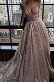 A-Line Deep V-Neck Court Train Open Back Champagne Sequined Prom Dress with Beading PM82