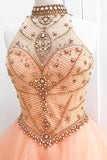 Chic A-Line Halter Open Back Sleeveless Pearl Pink Beading Tulle Modest Long Prom Dresses uk PH221